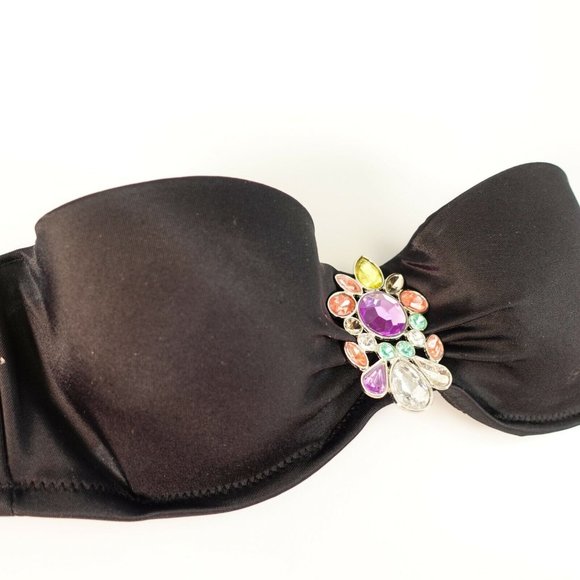 VICTORIA'S SECRET Black Balconette Bra 34A Padded Rhinestone Fabulous Ruched - Picture 5 of 12